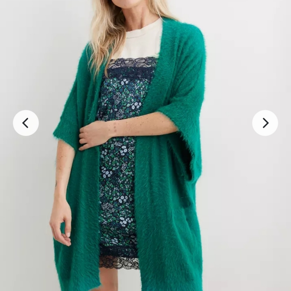 Aerie Emerald Green Open Front Cardigan Oversized Fuzzy XS/S